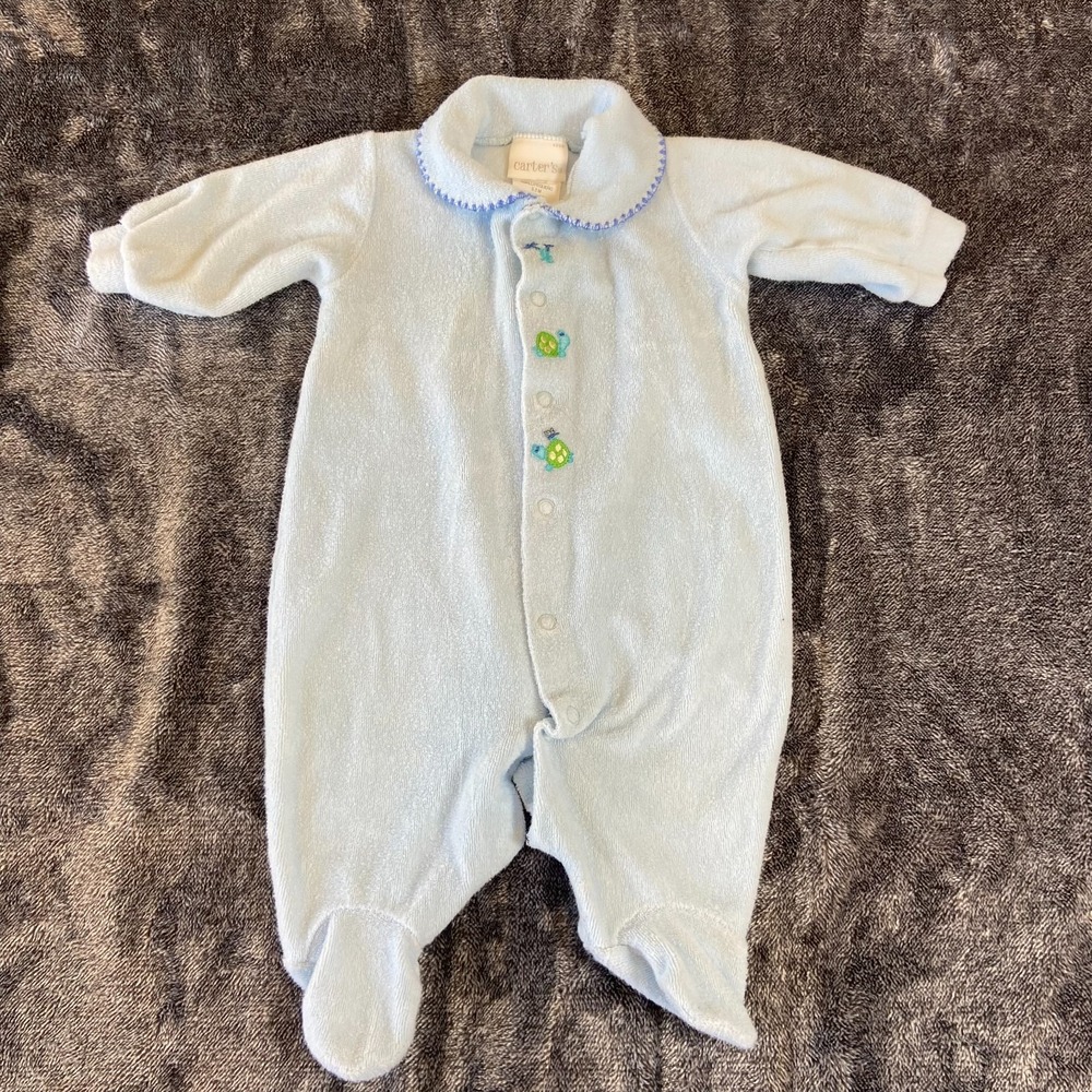 VTG Carters Baby One Piece Sleeper Pajamas Terry Cloth 0-3 M Embroidered Turtles